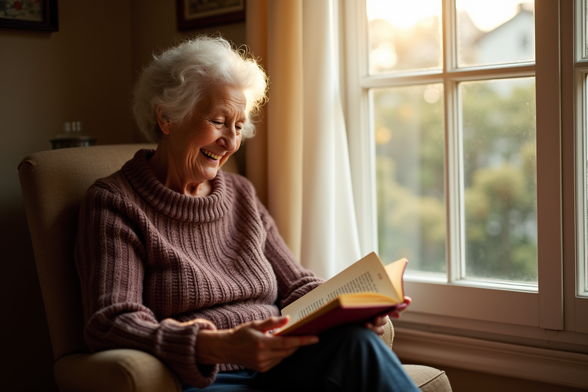 Femme agee lisant un livre près d