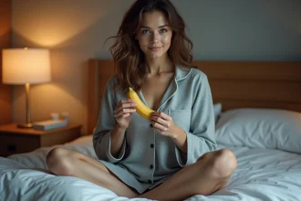 Femme mangeant une banane le soir avant de dormir dans sa chambre