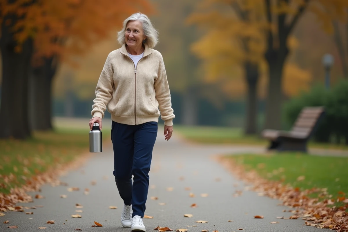Femme marchant sereinement dans un parc en automne, activité physique douce recommandée pour soulager la névralgie pudendale