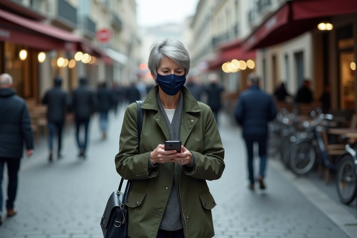 Femme portant un masque chirurgical en ville consultant son téléphone face aux recommandations du nouveau variant Covid