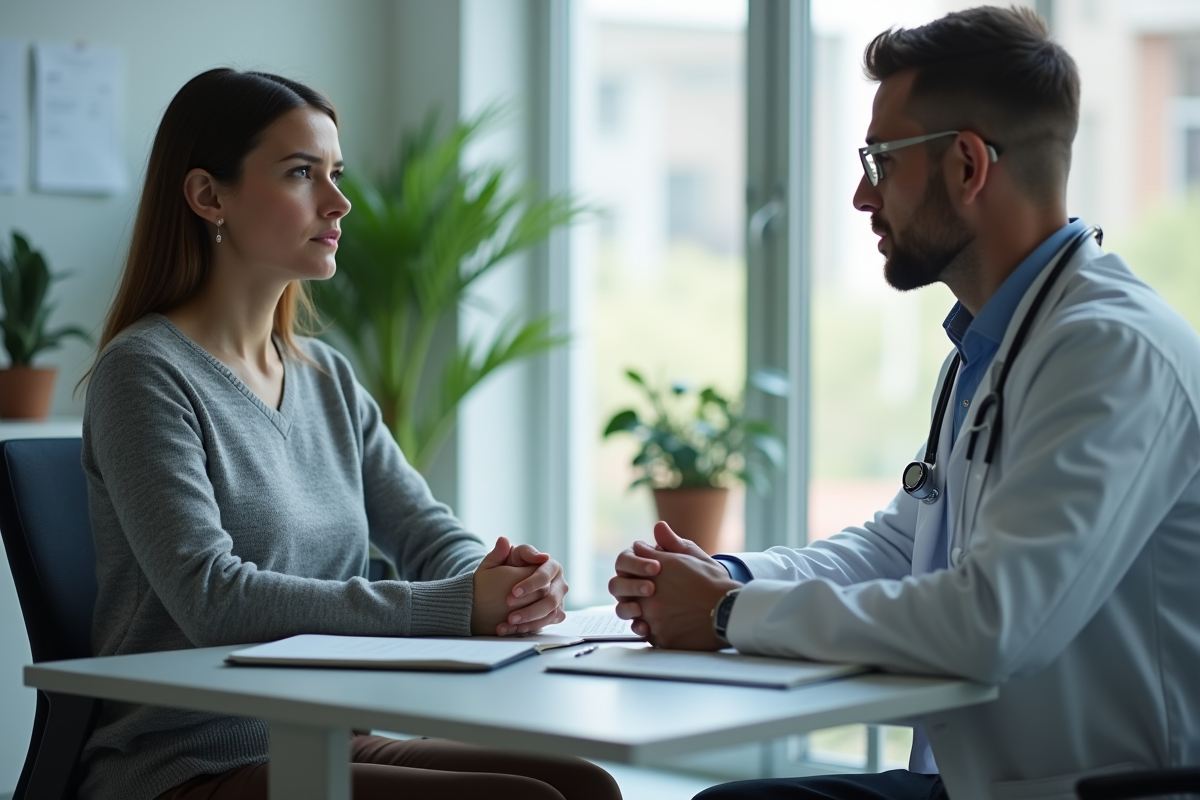 Femme inquiète en consultation avec un médecin dans un bureau moderne