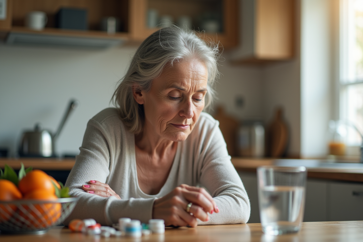 Femme d'âge moyen vérifiant ses médicaments matinaux