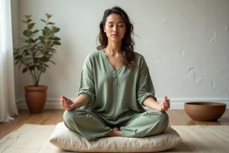 Femme en méditation assise sur un coussin en lin, pratiquant une technique holistique pour débloquer le chakra de la gorge