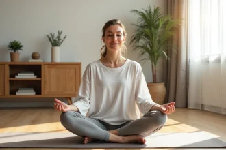 Femme pratiquant la méditation assise sur un tapis de yoga dans un salon apaisant, illustrant la guérison de la névralgie pudendale par le mode de vie