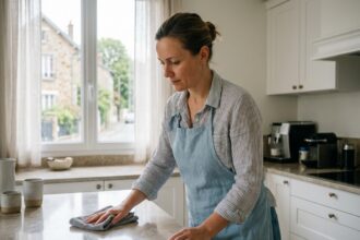 Femme de ménage professionnelle nettoyant le plan de travail d'une cuisine moderne dans une maison de Brie-Comte-Robert