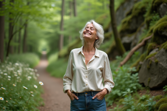 Femme d'âge moyen respirant en pleine nature dans la forêt