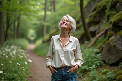 Femme d'âge moyen respirant en pleine nature dans la forêt