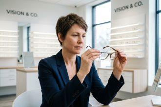 Femme dans la cinquantaine examinant des montures de lunettes dans un magasin d'optique moderne