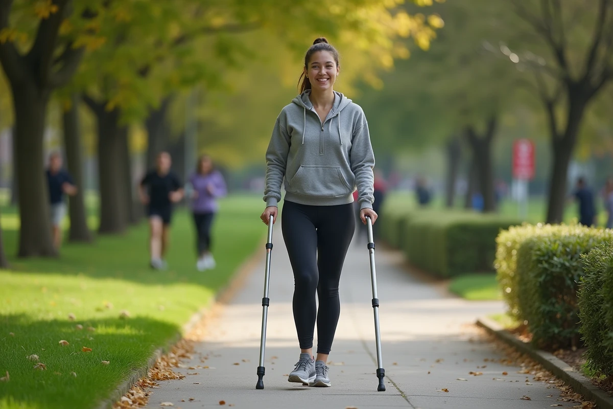 Jeune femme marchant avec des béquilles dans un parc