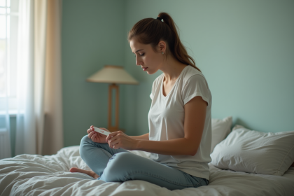Femme pensant avec test de grossesse négatif dans la main