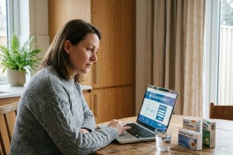 Femme consultant une pharmacie en ligne sur son ordinateur portable dans une cuisine moderne
