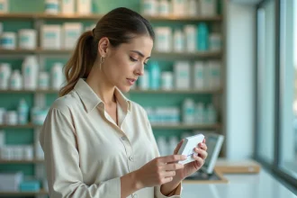 Femme lisant une boîte de médicaments dans une pharmacie moderne lors de l'apparition d'un nouveau variant Covid