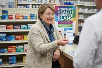 Femme d'âge moyen souriante remettant sa carte santé en pharmacie