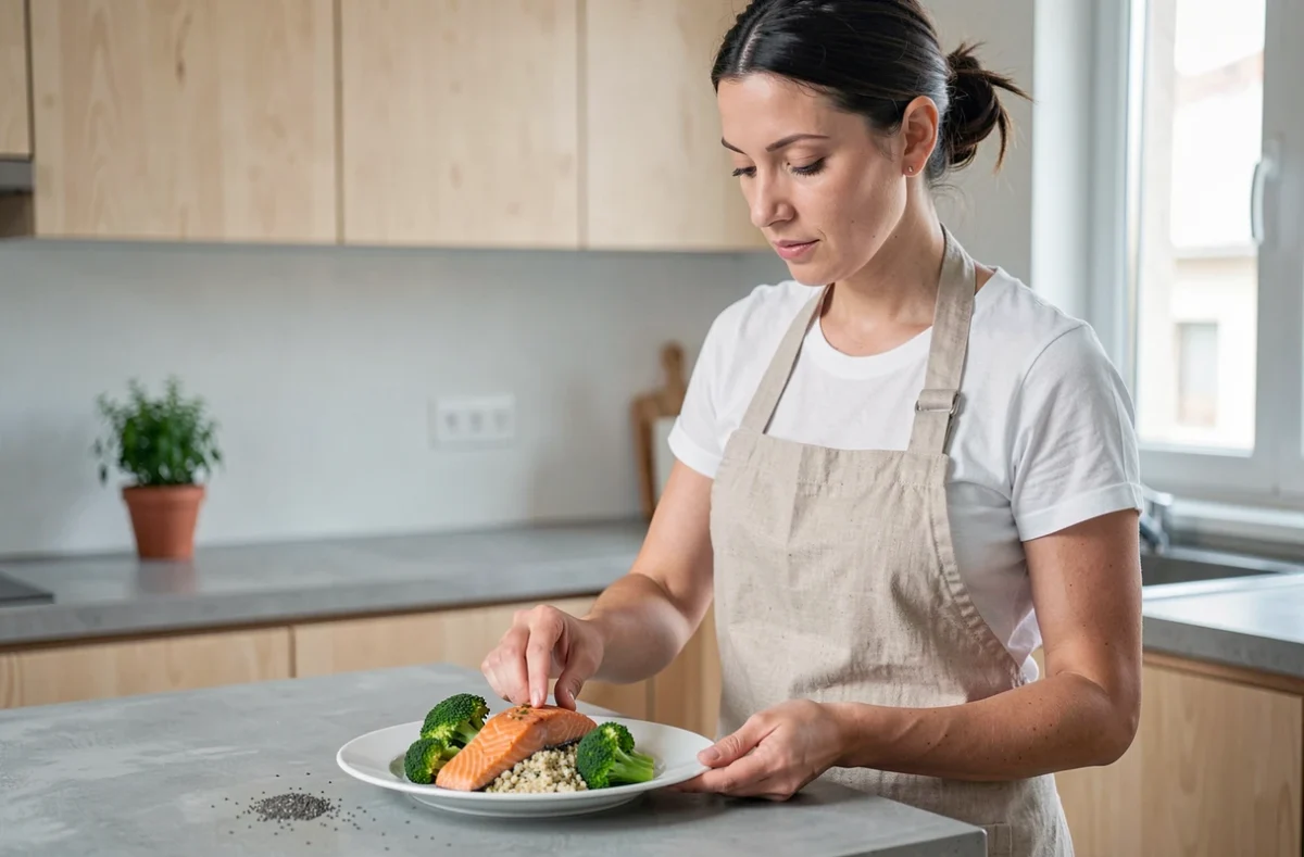 Femme préparant un repas équilibré riche en oméga 3 avec du saumon, du brocoli et des graines de chia dans une cuisine moderne