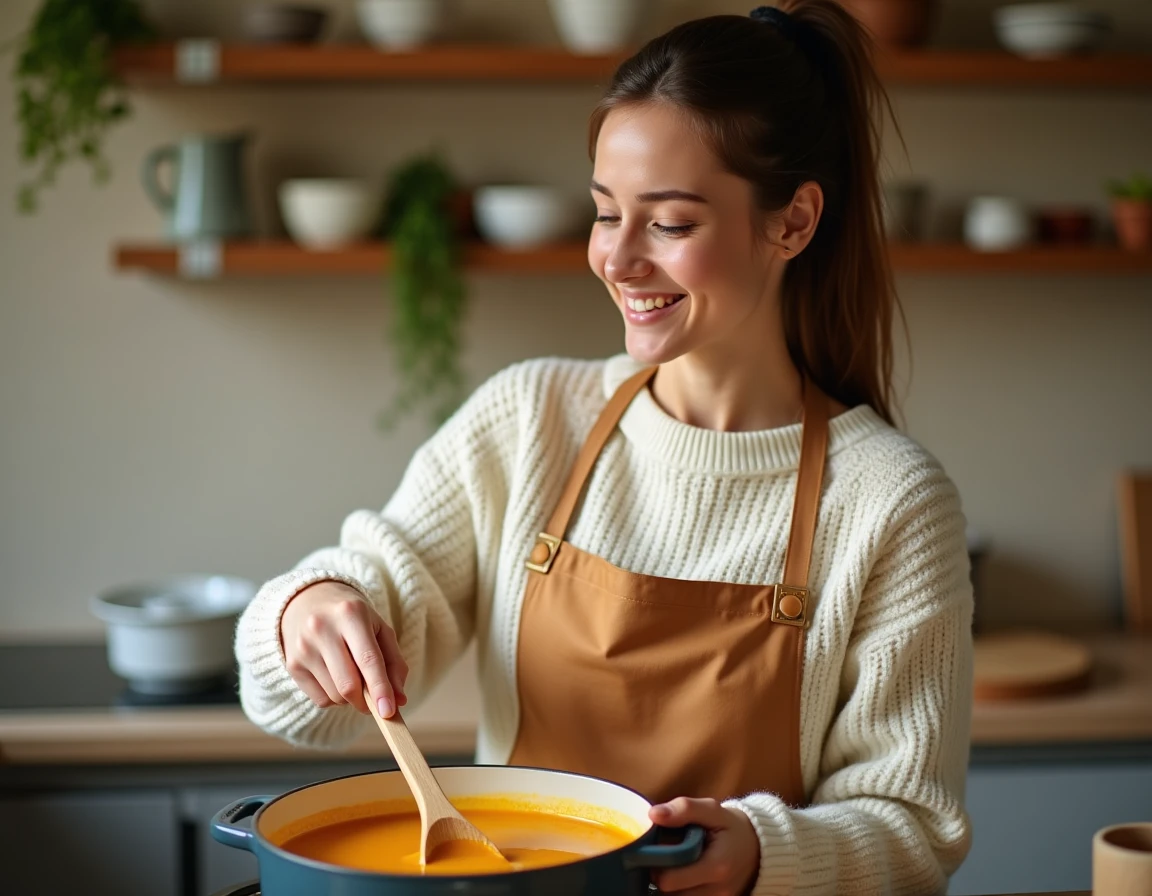 Jeune femme souriante pr&eacute;parant une soupe de butternut sur une cuisini&egrave;re dans une cuisine chaleureuse et accueillante