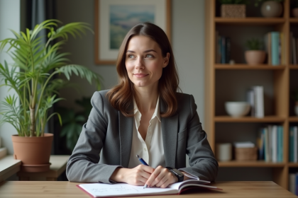 Femme en séance de psychologie avec un carnet dans un bureau moderne