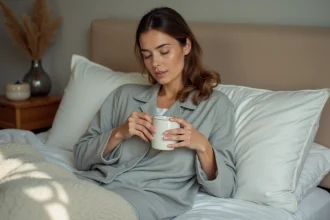 Femme en pyjama assise dans son lit tenant une tasse chaude pour soulager une toux nocturne