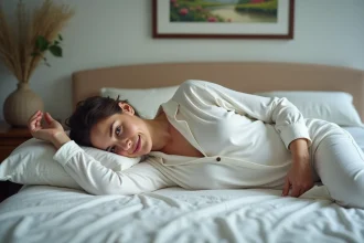 Femme d'&acirc;ge moyen en pyjamas confort sur le lit