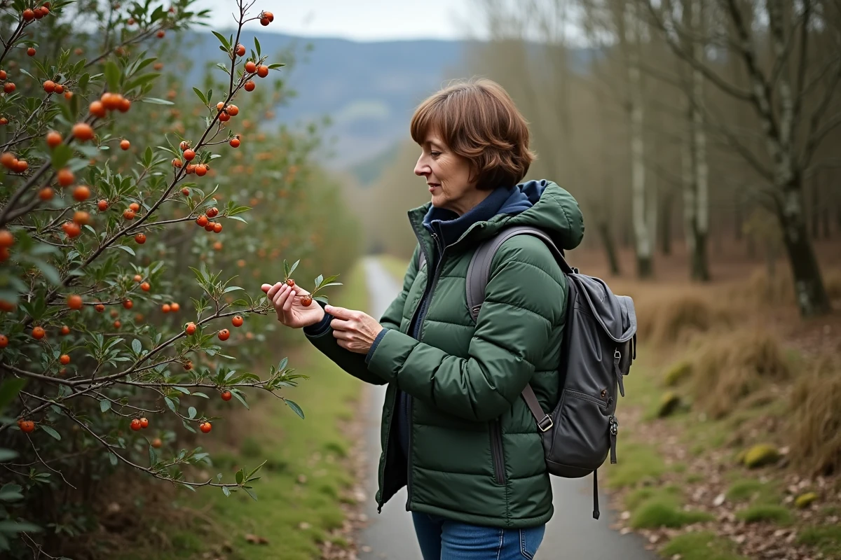 Femme inspectant des sloes sauvages en forêt