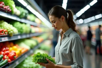 Femme lisant l'étiquette nutritionnelle d'un sachet de salade verte dans le rayon légumes d'un supermarché