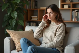 Femme contemplative dans un salon cosy pour l article