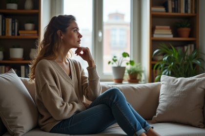 Femme pensive assise sur un canapé dans un salon chaleureux