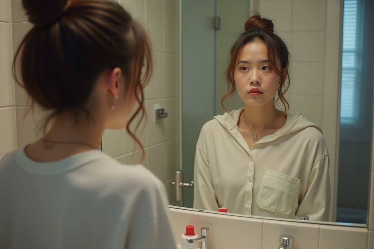 Femme regardant son reflet dans le miroir de la salle de bain