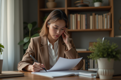 Femme d'âge moyen pensant dans un bureau à domicile