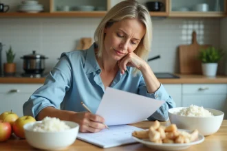 Femme réfléchissant à un plan repas dans la cuisine