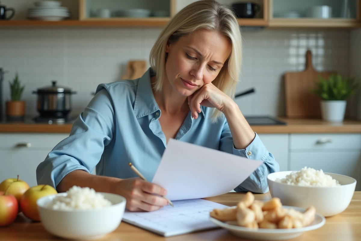 Femme réfléchissant à un plan repas dans la cuisine
