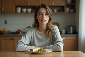 Jeune femme pensant à son repas sain dans la cuisine