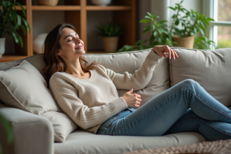 Femme détendue dans un salon cosy et lumineux
