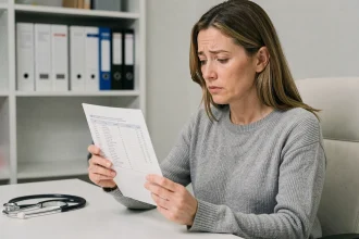 Femme consultant ses résultats d'analyse de sang avec une ferritine basse dans un cabinet médical