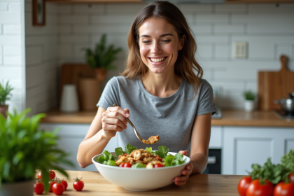 Femme souriante préparant une salade dans une cuisine lumineuse