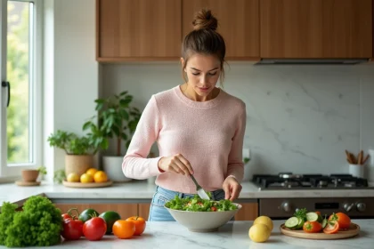 Femme préparant une salade dans une cuisine moderne
