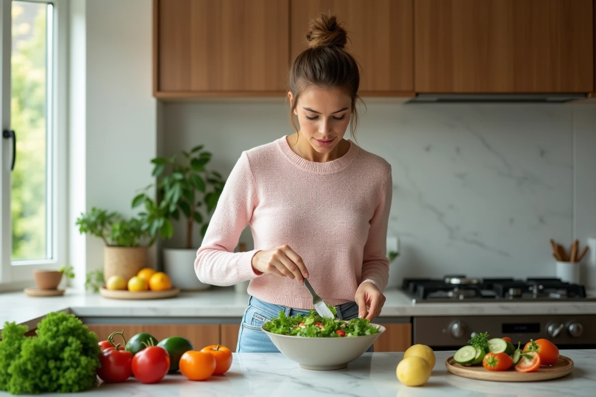 Femme préparant une salade dans une cuisine moderne