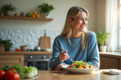 Femme souriante dégustant une salade dans une cuisine lumineuse