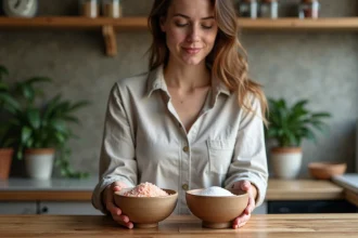 Jeune femme compare deux saliers dans la cuisine