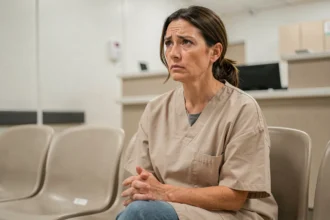 Femme en robe médicale assise dans une salle d'attente d'hôpital, regard contemplatif, illustrant le parcours de chirurgie bariatrique des sœurs Slaton