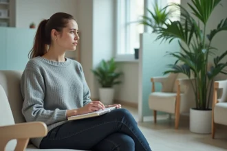 Femme anxieuse dans une salle d'attente médicale tenant un carnet de notes avant une consultation sur une prise de poids inexpliquée