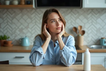Femme en chemise bleue dans une cuisine moderne