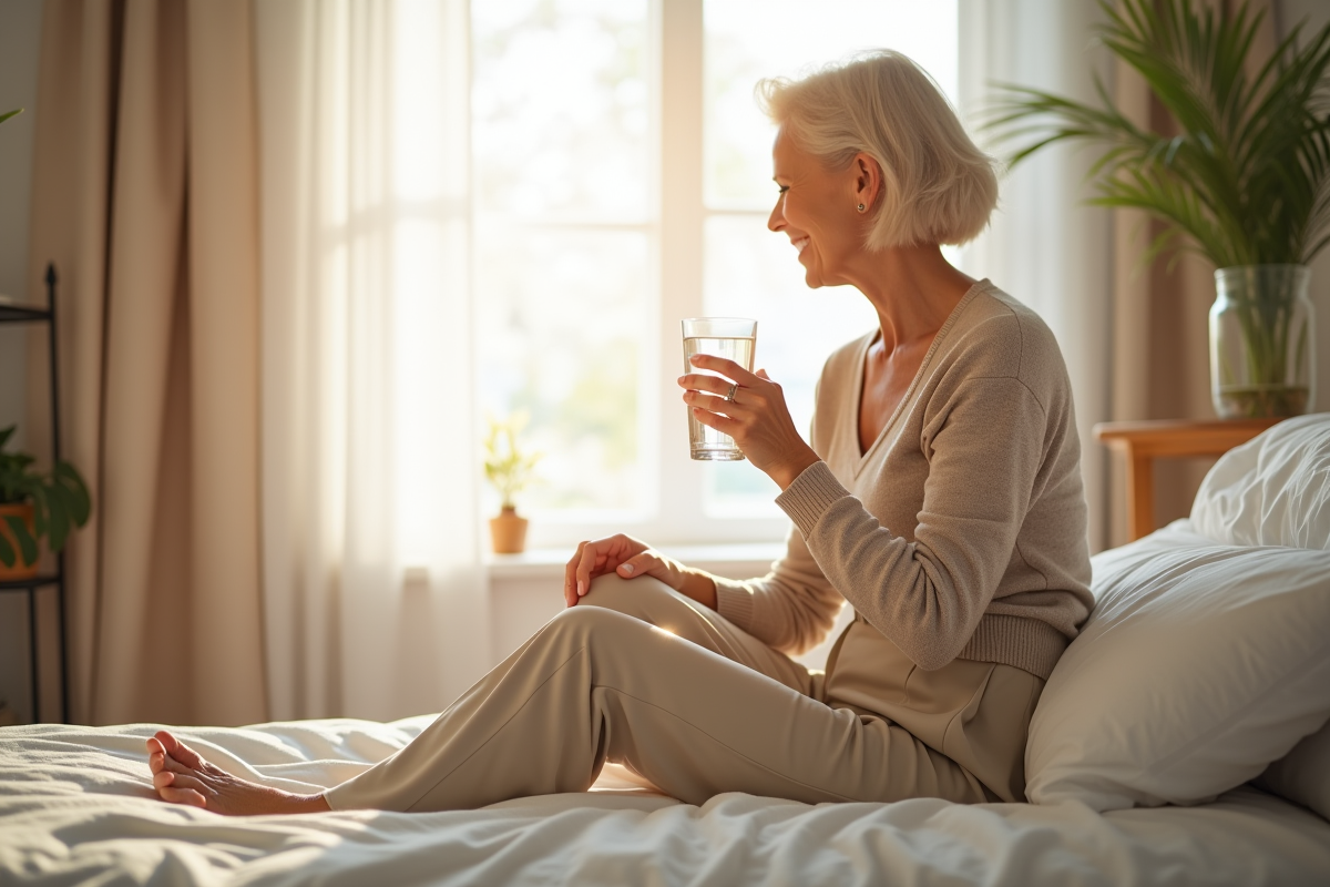 Femme mature souriante tenant un verre d'eau dans une chambre lumineuse