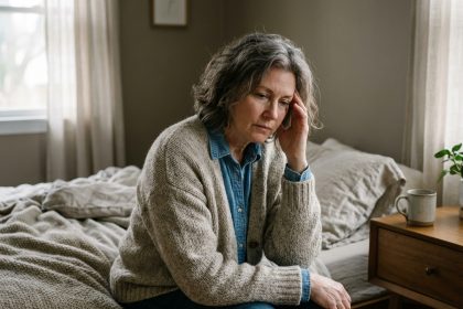 Femme d'&acirc;ge moyen assise sur le lit dans une chambre douce