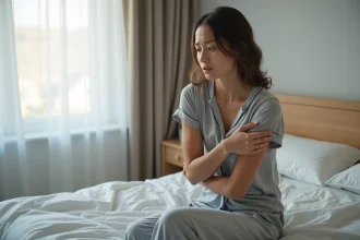 Femme assise sur le lit en pyjama gris avec expression inquiète