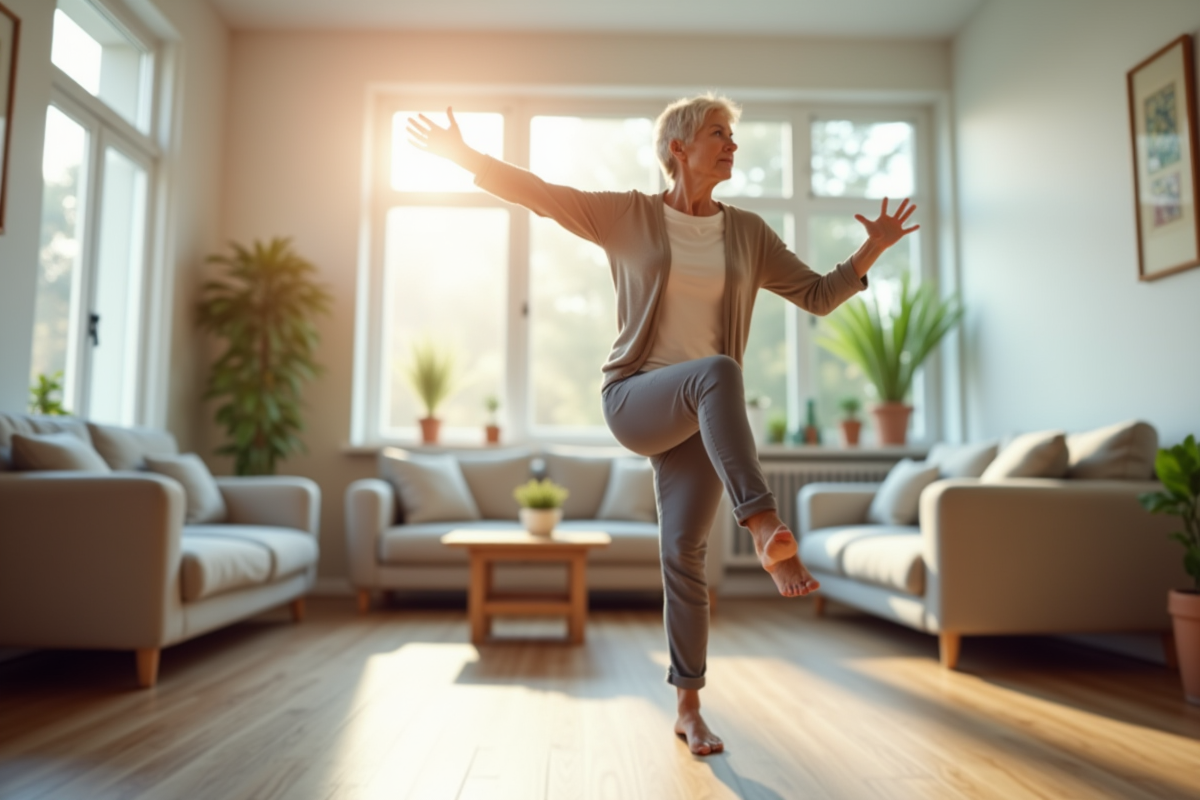 Femme senior en équilibre dans un salon lumineux