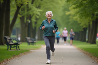 Femme senior souriante marche dans un parc verdoyant
