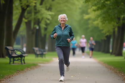 Femme senior souriante marche dans un parc verdoyant