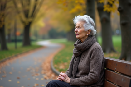 Femme âgée en automne assise sur un banc dans un parc
