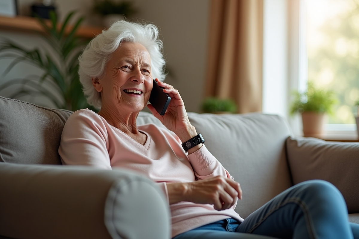 Femme senior souriante parlant au téléphone avec bracelet d'urgence