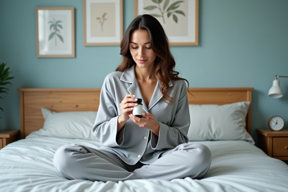 Femme en pyjama gris examinant une bouteille de magnesium